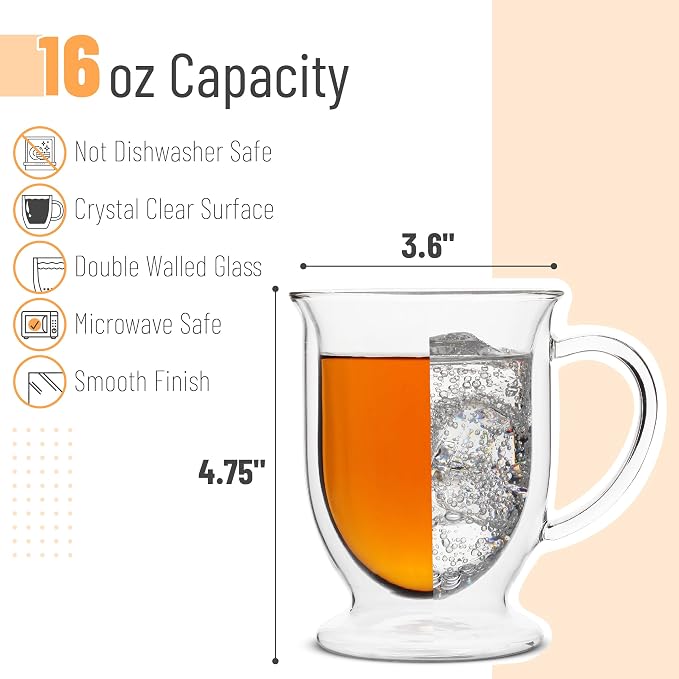 BTaT- Double Walled Glass Coffee Mugs, 16 oz, Set of 4, Glass Coffee Cups with Handle, Insulated Clear Coffee Mug for Hot and Cold Beverages, Cappuccino, Latte, Tea, Americano, Microwave Safe