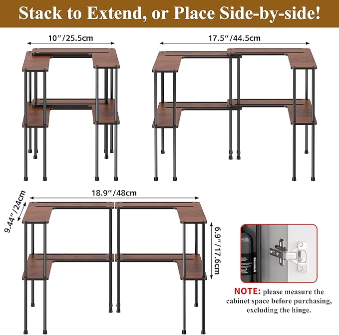 Spicy Rack Pro – Expandable 10"-18.9" Spice Rack for Cabinet, 2-Tier Wood & Metal Shelf, Heavy Duty, High Space for Large Bottles, Easy 3-Min Install, Stackable or Side-by-Side