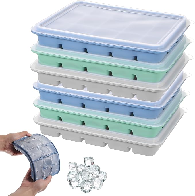 6-Pack Silicone Ice Cube Trays with Lids – Easy Release, Stackable Freezer Ice Molds for Whiskey, Cocktails, Food (Snow Gray, Bamboo Green, Dark Blue)