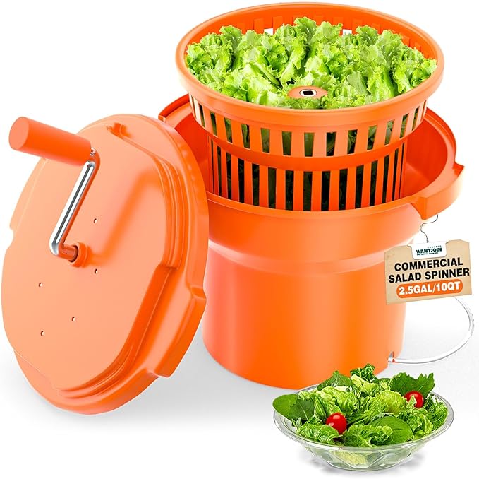 Wantjoin Commercial Salad Spinner - 2.5 Gallon Salad Dryer w/Aluminum Handle & Draining Hose, 10Qt Manual Salad Spinner for up to 3 Heads of Lettuce Spinner Large for Catering Kitchen