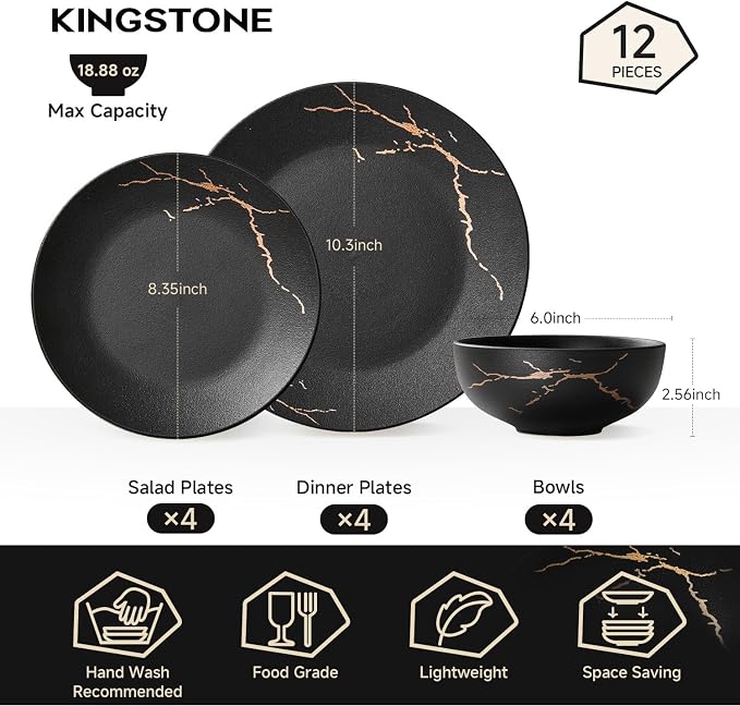KINGSTONE Dinnerware Sets for 4, Black & Gold Plates and Bowls Sets Matte Vein Dish Set, Modern Luxury Tableware Dinner Salad Plate bowl, for Home Wedding Party Gifts (12 Piece)