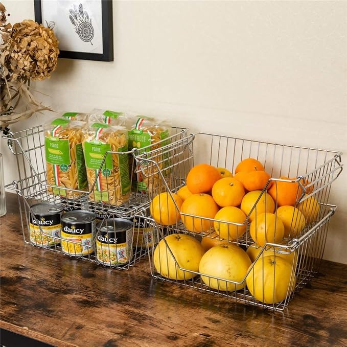 Stackable Wire Metal Baskets Storage Bins Fruit Vegetable Organization Pantry Cabinet Metal Bin for Kitchen Pantry Freezer Cabinet, Set of 6