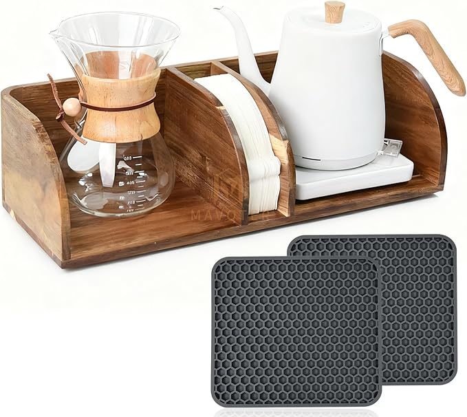 MAVOTER Acacia Coffee Bar Station Organizer Stand for Pour Over Maker, Coffee Filter Holder for Countertop ,Wooden Caddy Storage Organizers with Heatproof Mat(17.8*7*5.1 inch)