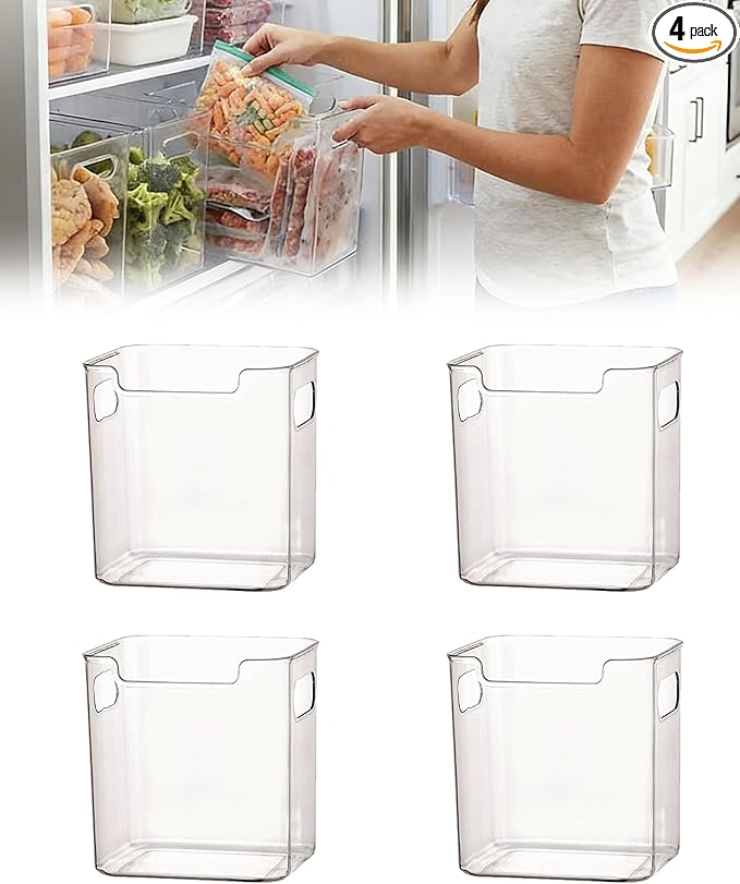 Crystal Clear Freezer Storage Bins - 4 Pack Clear Plastic Bins for Refrigerator and Pantry, Stackable Kitchen Cabinet Organizer with Handles for Frozen Food, Meat & Veggies (4PCS S)