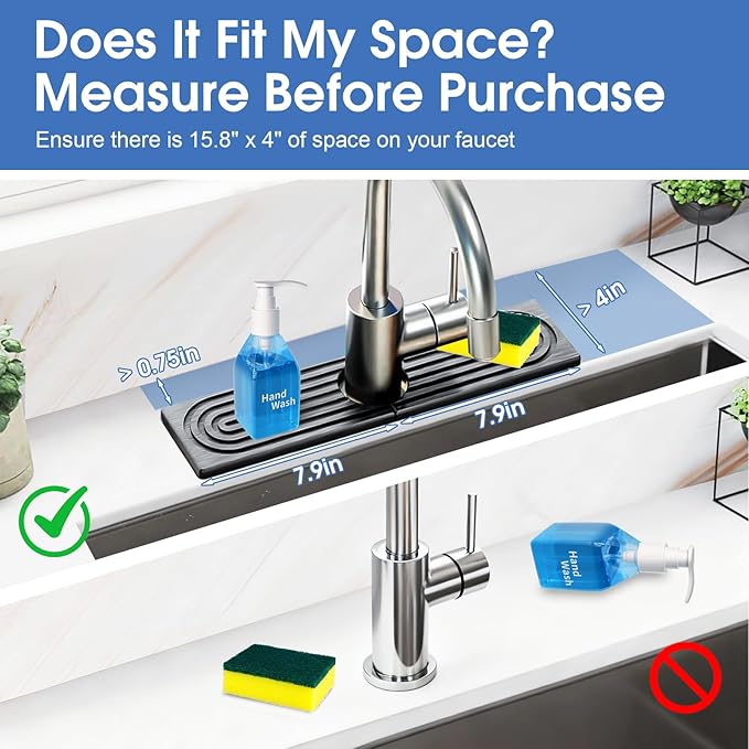 Fast Drying Stone Faucet Mat for Kitchen Sink with Raised Feet, Quick Drying Splash Guard, Faucet Splash Guard, Durable Protector for Kitchen, Bathroom Counter, Dark Gray, 15.8" x 4"