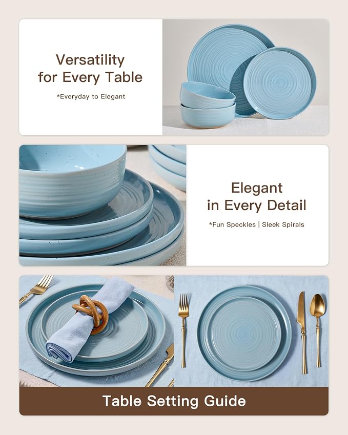 12-Piece Stoneware Dinnerware Sets for 4 - Coupe Plates and Bowls with Speckles & Spirals - Chip & Scratch Resistant, Microwave & Dishwasher Safe - Farmhouse Dishes, Ice Blue