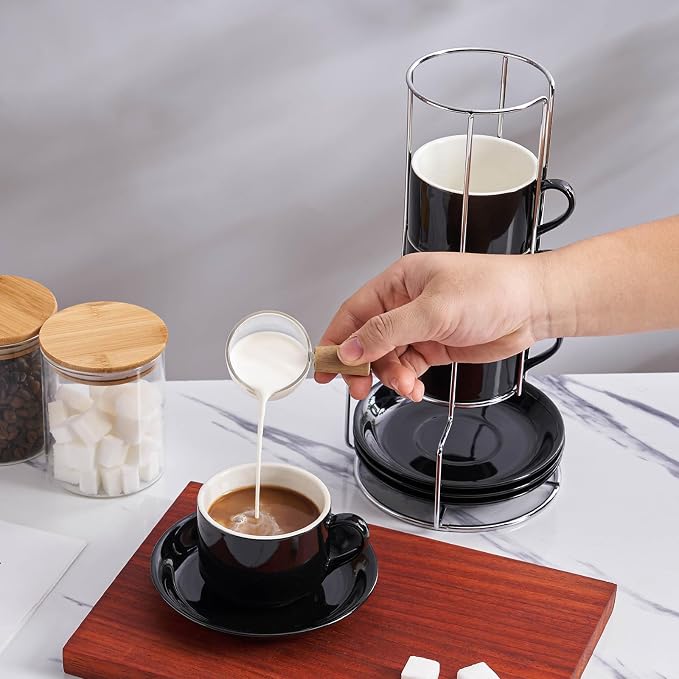 8oz Porcelain Cappuccino Cups with Saucers and Metal Stand, Stackable Coffee Cups for Specialty Coffee Drinks, Cappuccino, Latte, Espresso, Americano and Tea - Cups Set of 4, Black