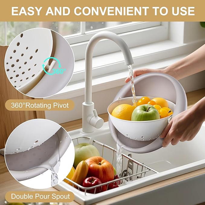 VECELO 2 In 1 Colander Strainer with Bowl Set, Fruit Vegetable Washing Colanders & Food Strainers, Heat-Resisted, Double Layer Colander for Kitchen for Pasta, Berry, Salads, Grey