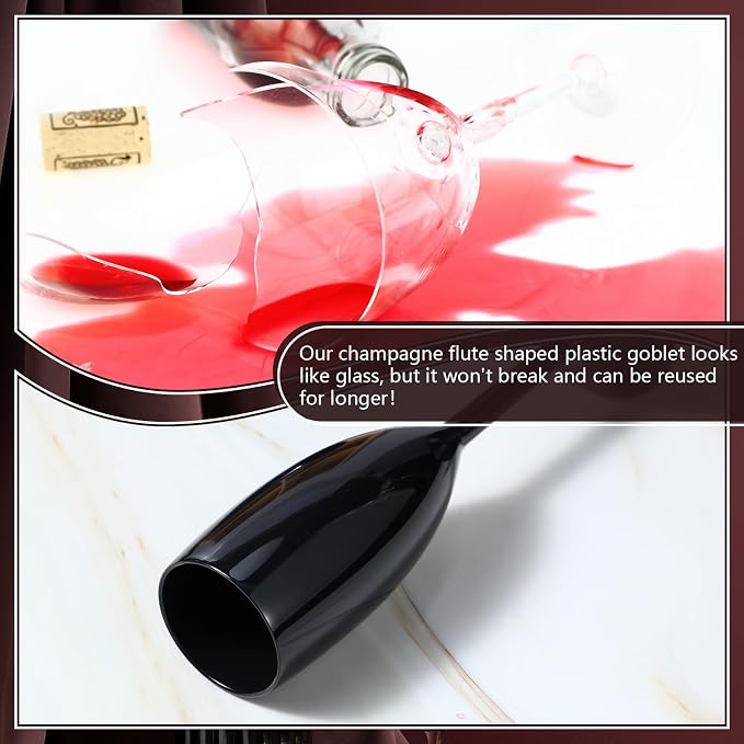 Maxcheck 24 Pcs Champagne Flutes Bulk Acrylic Toasting Drinking Flute Unbreakable Goblet Champagne Cups 6 oz Plastic Wine Glasses for Mother's Day Wedding Bridal Shower Anniversary Party (Black)