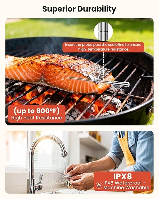 UNERVER Wireless Meat Thermometer with WiFi Unlimited Range - Ultra Thin Probe with 6 High Accuracy ±0.5°F Sensors, Digital Bluetooth Base, Login-Free Smart App, Ideal for Smoker, Oven, Rotisserie