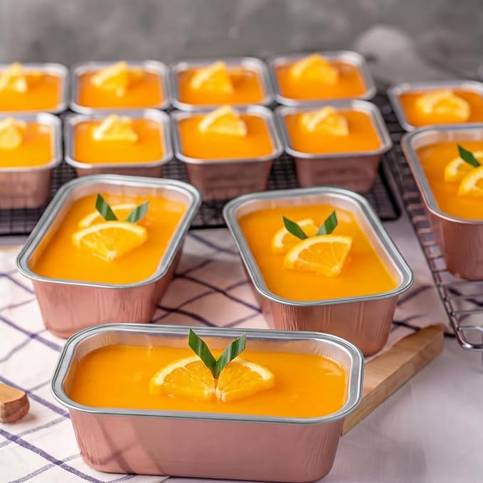 Vesici 100 Sets Mini Loaf Pans with Lids, 5.7 oz Disposable Aluminum Foil Baking Cups, Rectangle Cake Pans for Baking Storage Birthday Party(Champagne)