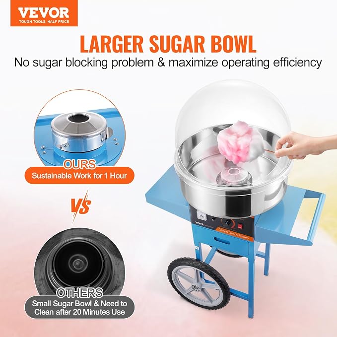VEVOR Electric Cotton Candy Machine Cart with Cover, 1000W Commercial Floss Maker w/Stainless Steel Bowl, Sugar Scoop and Drawer, Perfect for Home, Carnival, Kids Birthday, Family Party, Blue