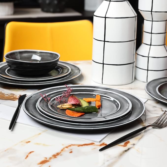 Melamine Dinnerware Sets- 12pcs Melamine Plates and Bowls Set for 4, Suitable for Indoor and Outdoor Use, Black