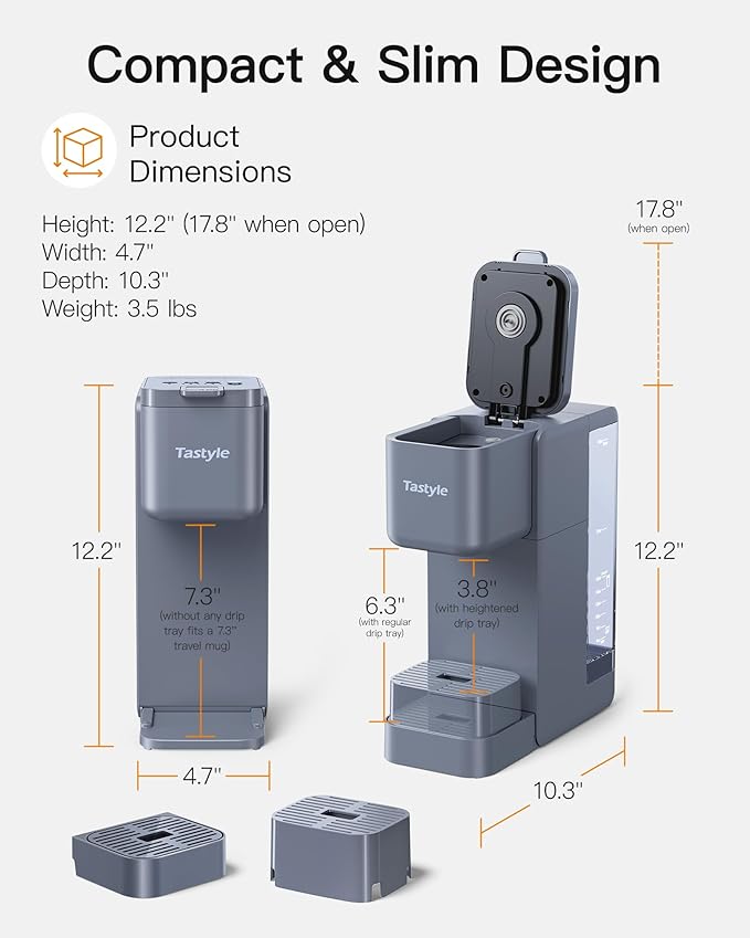 Tastyle Single Serve Hot & Iced Coffee Maker with Strong Brew, 40oz Removable Reservoir, 6 Brew Sizes, Compatible with K Cup and Grounds, Compact for Home, Office, RV and Dorm, Gray (2.0 Version)
