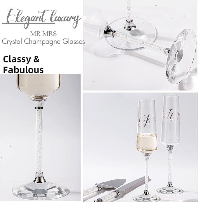 Wedding Cake Knife and Server Set, Mr and Champagne Flutes with Wedding Cake Cutting Set for Bride and Groom Toasting (Clear)