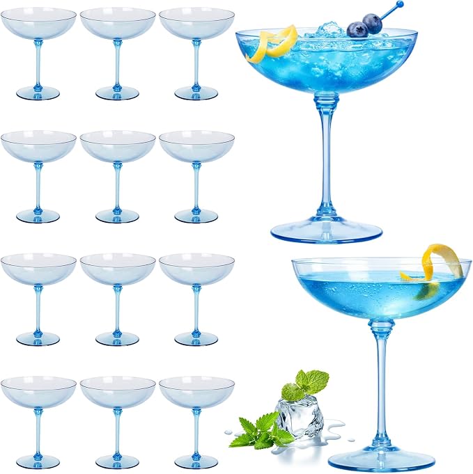 LemonRoad 12 Pcs Plastic Coupe Glasses 9 oz Disposable Martini Glasses for Cocktails, Champagne, Desserts and Espresso, Drinkware Set for Weddings, Birthday Parties, Home Bars (Blue)