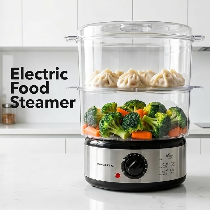 OVENTE 2-Tier Electric Food Steamer, 5 Quart Stainless Steel Stackable Steam Cooker with 400W Power, 60-Minute Timer & Auto Shut-Off, Dishwasher Safe, Healthy Vegetable & Seafood Steamer, Silver FS62S