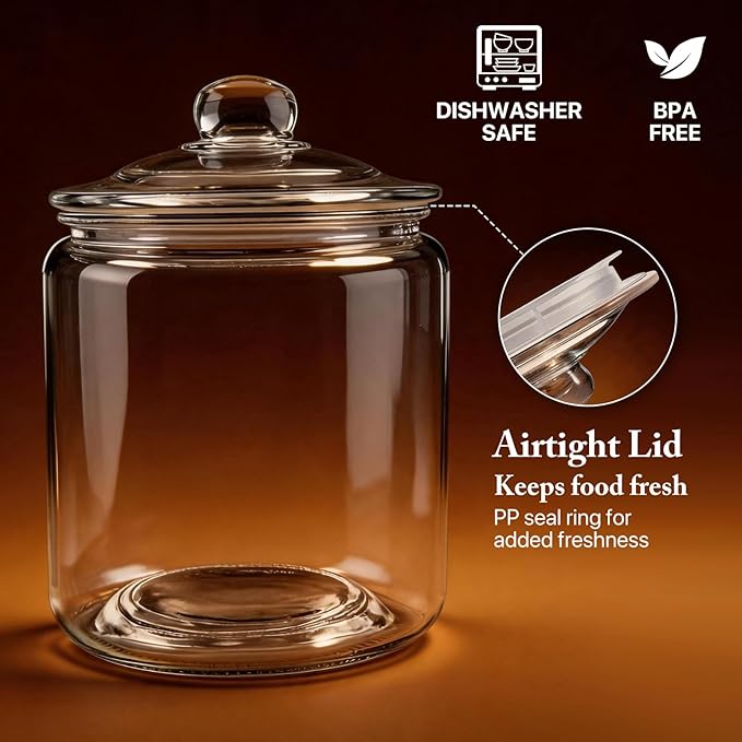 Masthome 1 Gallon Glass Cookie Jar with Airtight Lid, Large Clear Glass Storage Canister, Wide Mouth Food Storage Container for Pantry, Kitchen, Flour, Sugar, Pasta, Cookies, Candy, Dog Treats