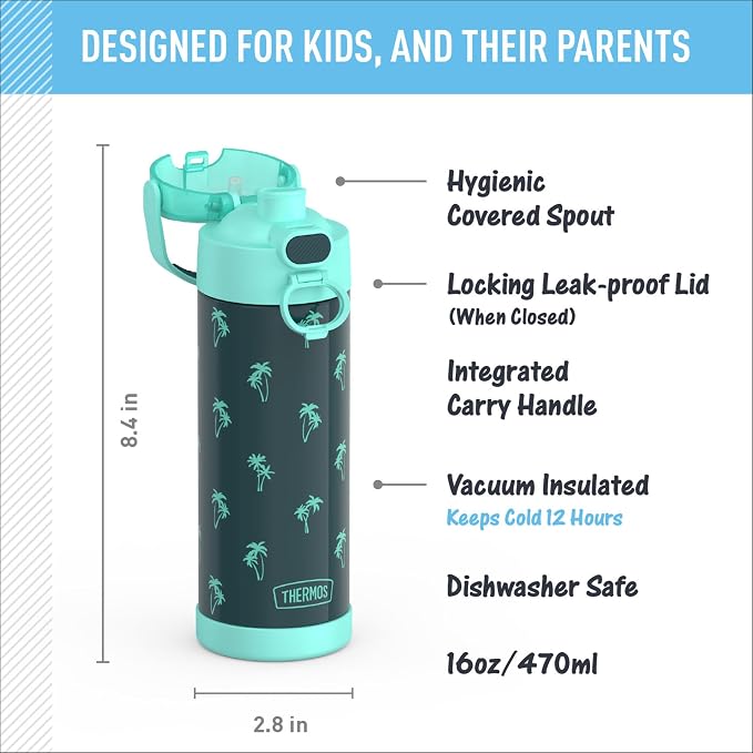 THERMOS FUNTAINER 16 Ounce Stainless Steel Vacuum Insulated Bottle with Wide Spout Lid, Palm Trees