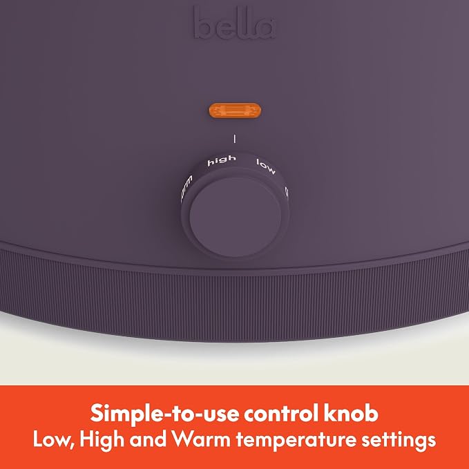 bella 6.0 Qt Manual Slow Cooker, Ceramic Nonstick Coating, 3 Temperature Settings, Dishwasher Safe Stoneware Pot and Tempered Glass Lid, Cool Touch Handles & Tangle Free Cord Wrap, Plum