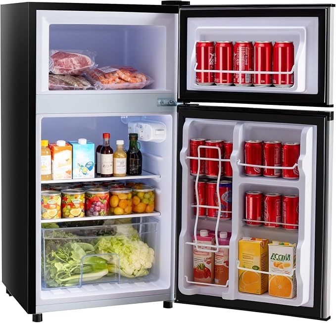 Sweetcrispy 3.2 Cu.Ft Mini Fridge with Freezer, 2 Door Small Refrigerator with Adjustable Thermostat Energy-efficient Low Noise, Compact Fridge for Bedroom, Office, Dorm, Black