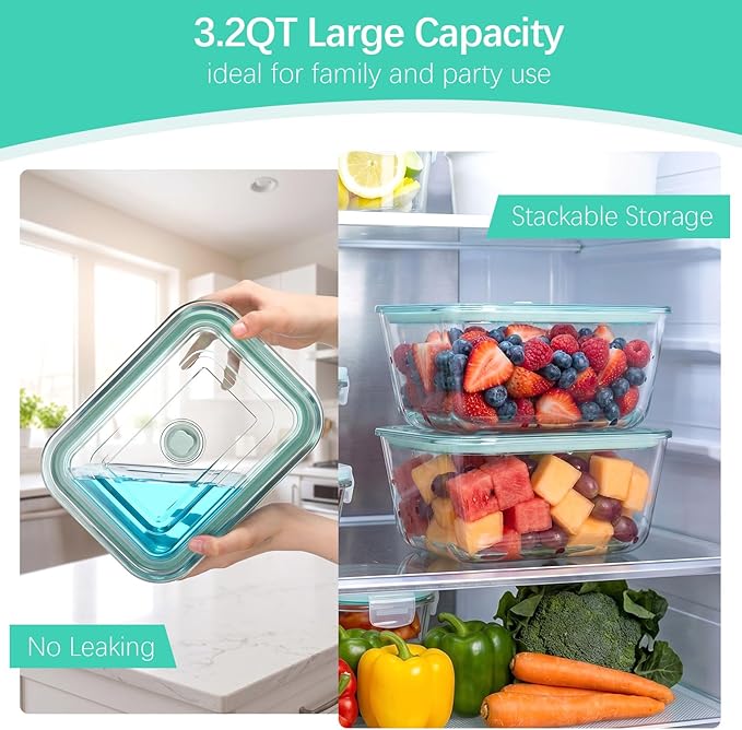 Blushtier 2 Pack 103 Oz/3000ml Extra Large Borosilicate Glass Food Containers with Airtight Lid, Baking Meal Prep Container Leakproof Glass Food Storage for Family Microwave Safe