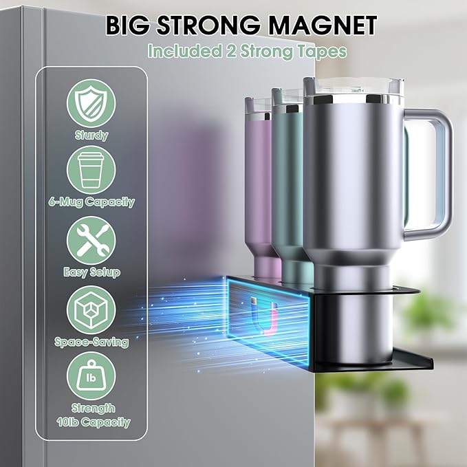 POLRAI 4 Pack Magnetic Cup Holder for Refrigerator, Water Bottle Organizer for Stanley and Tumbler, Accessory with Lid Hook Straw Holder and Double Sided Tape for Kitchen Fridge Cabinet