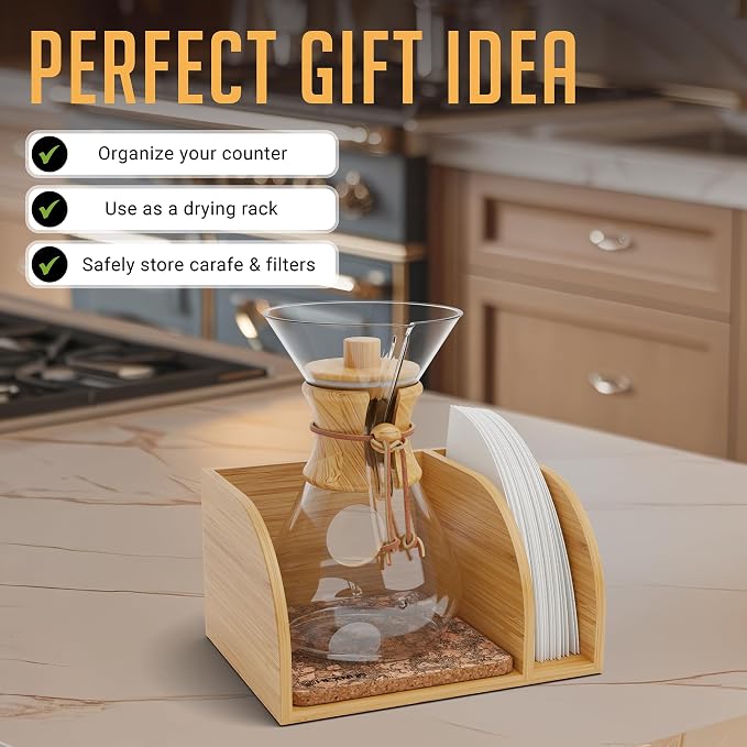 HEXNUB Pour Over Caddy with Lid for Chemex Bodum Cosori Coffee Makers Cork | Handmade Bamboo Stand, Lid, Filter Holder, Heatproof Mat for a Cleaner Coffee Station