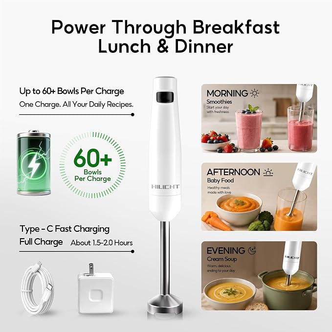 Cordless Immersion Blender, 3-in-1 Hand Blender with Charger | Blend Anywhere: Wall Charger, Brushless Motor, Whisk & Frother, 60+ Bowls, Smoothies, Soup, Baby Food