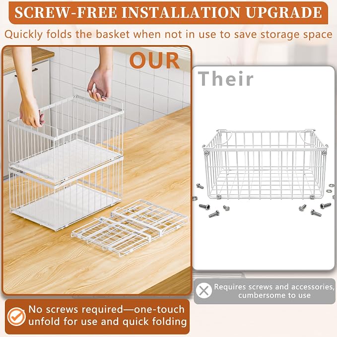Large Freezer Organizer Bins, Upgrade Quick Expand/Collapse Feature, for 5-9 Cu.Ft Deep Freezer, 4 Pack Stackable Deep Freezer Organizer Bins, Black Wire Foldable Baskets White 4 Pack