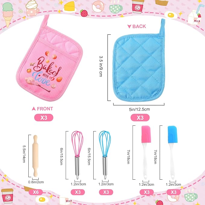 RoundFunny 48 Pcs Kids Mini Baking Supplies with Kitchen Utensil, Pot Holders, Spatula, Rolling Pin, Whisk for Kids Classroom School Exchange Party Favors (Small)