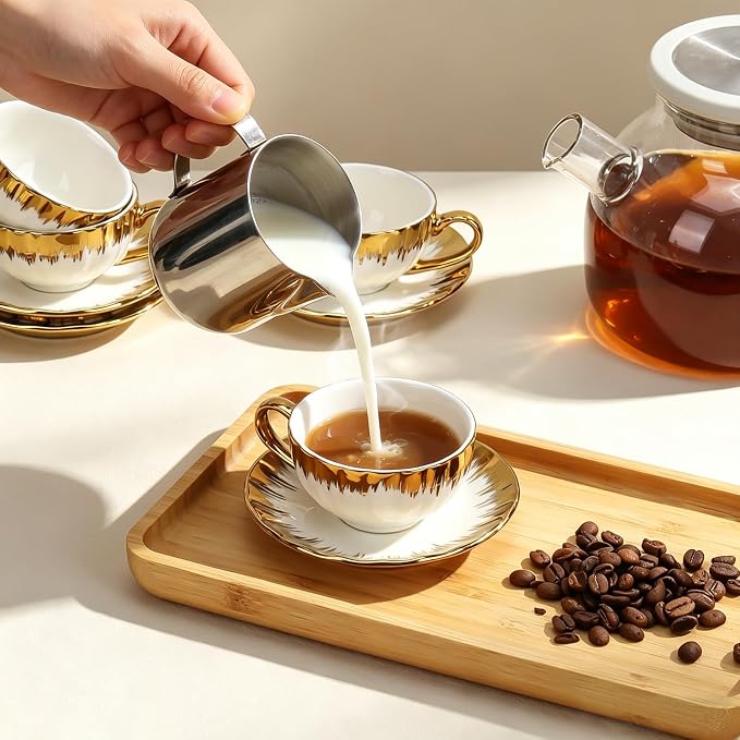 Espresso Cups with Saucers, 3.5 OZ Gold Ceramic Coffee Cup Set of 6, Demitasse Coffee Cup for Double Shot, Latte, Cafe Mocha and Tea, Dishwasher & Microwave Safe (Gold Trim-04)