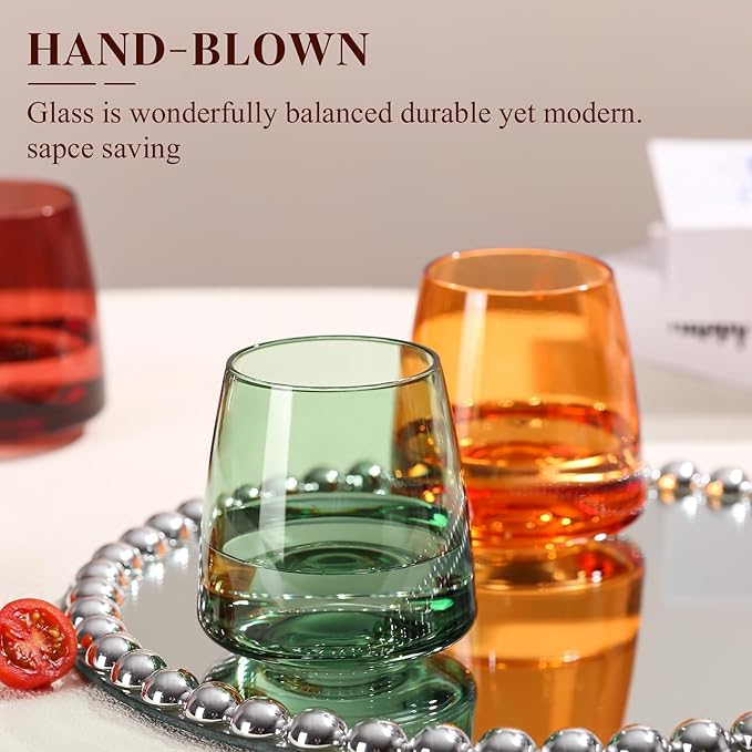 Colored Stemless Wine Glasses Set of 6-15 oz Hand-Blown Crystal Colored Glassware, Multicolor Glassware for Lovers, Wedding, Birthday, Christmas, Housewarming Gifts for Women