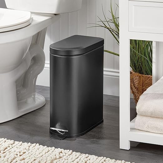 mDesign Small 2.6 Gallon/10 Liter Stainless Steel Metal Step Trash Can Garbage Bin for Bathroom, Bedroom, Home Office, D-Shape Trashcan with Foot Pedal/Lid, Removable Liner Bucket with Handles, Black