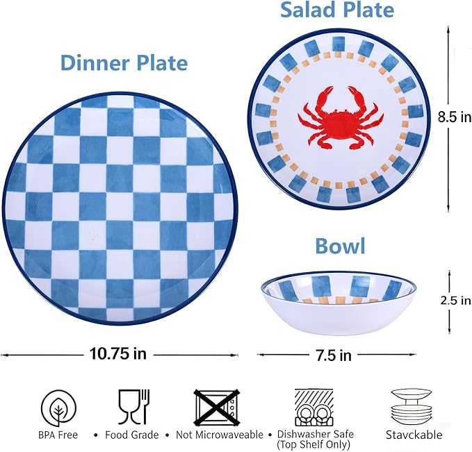 Webbylee Gingham Crab Pattern Melamine Dinnerware Sets 12 Pcs, Unbreakable Plates and Bowls Sets, Ocean Dinner Plates, Dishwasher Safe, Picnic, Camping,Gift,Blue Dish Set