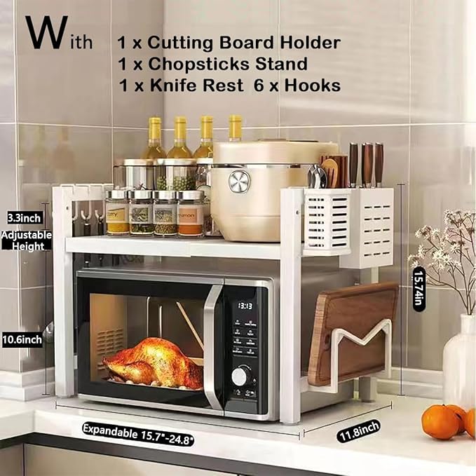 2-Tier Expandable Microwave Stand, Extendable Microwave Oven Rack with Storage Shelf Heavy Duty with 6 Hooks and Chopsticks Cutting Board Tools Holder for Kitchen(15.7~24.8" L)