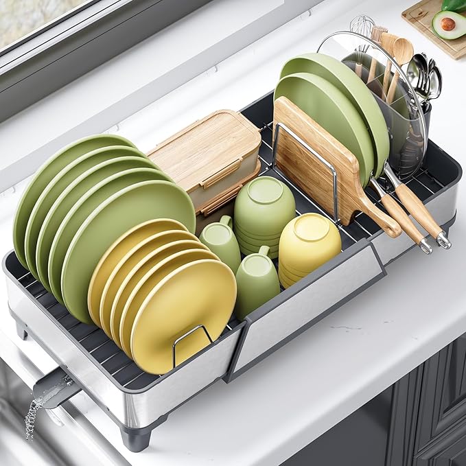 Urackify Large Dish Drying Rack - Triple Expandable Dish Rack for Kitchen Counter, Stainless Steel Sink Organization and Storage Essentials with Utensil & Pans Holder for Home and Appartment, Gray