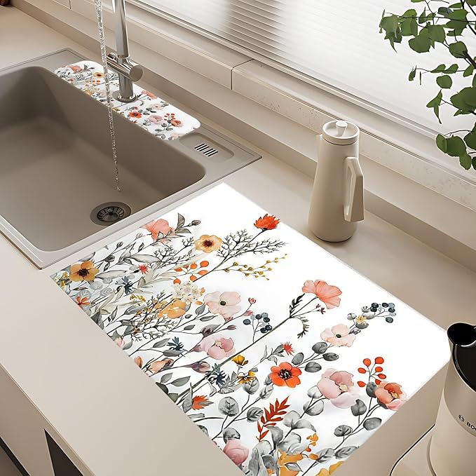 2Pcs Dish Drying Mats Faucet Mats Sets Large Size Coffee Mats Sink Faucet Mat Splash Guard for Kitchen Counter Bathroom Sink Coffee Bar Kitchen Decor (Colorful Wildflowers, 18"x24" 15" x 5.5"Set)