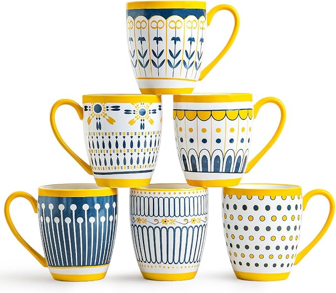Yeacccng Bohemian Coffee Mugs Set of 6, 15 Oz Ceramic Latte Cappuccino Cups with Yellow Handle, Non-Slip Grip Sturdy Base, Dishwasher Microwave Oven Safe, Scratch-Resistant Boho Tea Mugs