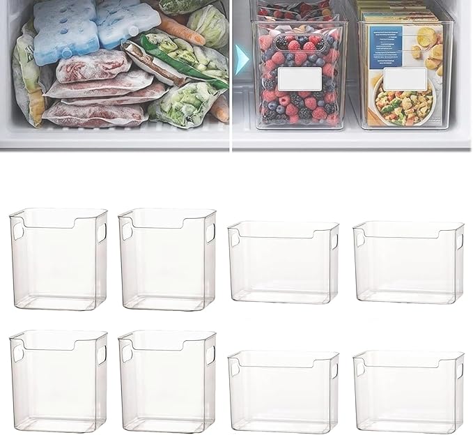 Crystal Clear Freezer Storage Bins, Stackable Fridge Organizer Bins with Handles, Clear Plastic Food Containers for Refrigerator and Pantry, Kitchen Organization for Meat & Veggies (Clear*8, S+L)