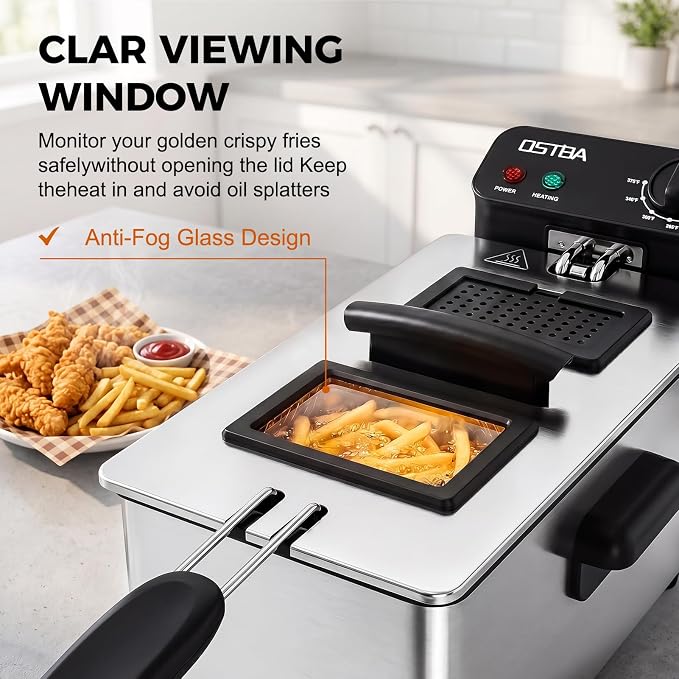 OSTBA Electric Deep Fryer with Basket, 1500W Stainless Steel Countertop Deep Fryer, 3.2QT Oil Capacity, Adjustable Temperature Control, Viewing Window, Removable Oil Container, Overheat Protection