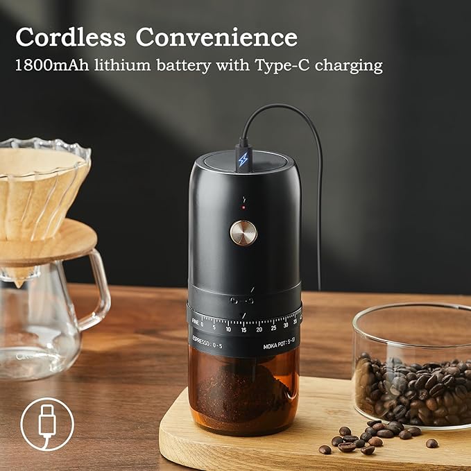 Portable Electric Burr Coffee Grinder by ELMWAY - Rechargeable Mini Coffee Grinder with Stainless Steel Burr & External Coarseness Adjustment, Compact for Travel & Home Use - Black