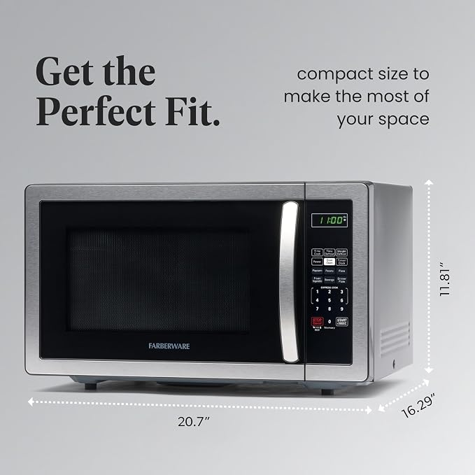 Farberware 1.1 Cu. Ft. Countertop Microwave Oven – 1000 Watts Power, Auto Cook Settings, Defrost, Easy Clean and Child Safety Lock - Stainless