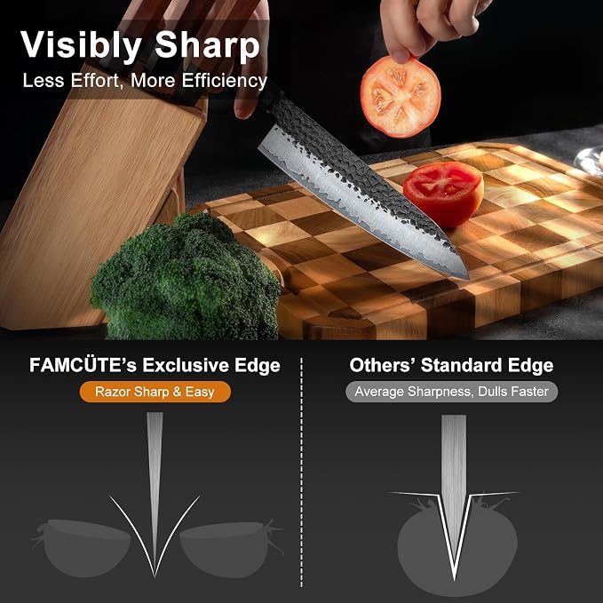 FAMCüTE Japanese Knife Block Set, Hand Forged 5-Layer 9CR18MOV Clad Steel Ultra Sharp Kitchen Knives with Wooden Storage & Rosewood Handle, Includes Chef, Santoku, Nakiri, Fruit Knife for Home Mom/Dad | Hand Forged 5-Layer 9CR18MOV Clad Steel Chef Kniv...