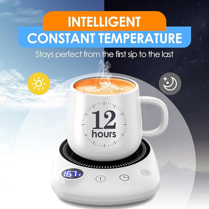Coffee Mug Warmer - Fastest Heating & Highest Temperature, Coffee Cup Warmer for Desk Auto Shut Off, 4 Temp Settings & 1-12H Timer, Smart Electric Beverage Warmer for Coffee, Tea (White)