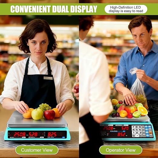 88lb Commercial Food Scale Lb/Kg/Oz Conversion, Price Computing Scale with Dual Display, Rechargeable, Waterproof Reversible Platter, Counting for Farmers Market, Meat Shop, Retail Store, Home Kitchen