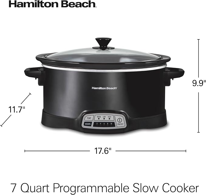 Hamilton Beach Portable 7 Quart Programmable Slow Cooker with Three Temperature Settings, Lid Latch Strap for Easy Travel, Dishwasher Safe Crock, Black (33474G)