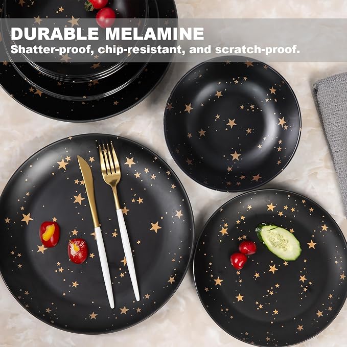 Black Melamine Dinnerware Sets - 12pcs Plates and Bowls Sets, Unbreakable Camping Dishes Set for 4, Indoor and Outdoor Use Non-breakable Dinner Set - Star