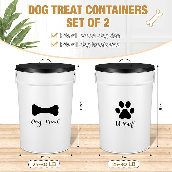 DoubleFill Extra Large 30+30 lb Metal Dog Food Storage Containers Set of 2 Airtight Dog Treat Snack Jars with Lids and Spoon Farm House Style Big Pet Cookie Jar for Kitchen Counter Gift