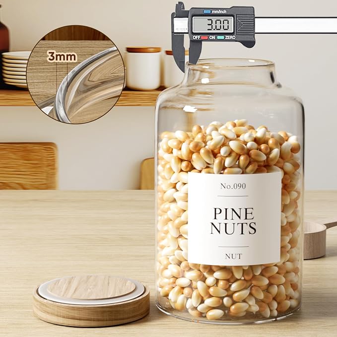 2 PCS Flour Sugar Storage Containers Glass, Large Glass Food Storage Jars with Wood Airtight Lids, 132 Pantry Labels and 2 spoon for Coffee, Flour, Sugar, Spice (98 oz/2800 ml)